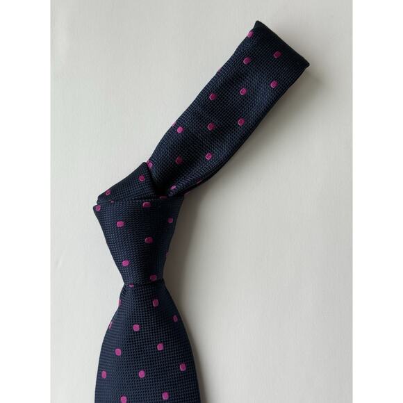 CHARLES TYRWHITT Men's 100% Silk Necktie Designer Navy Blue Pink Polka Dots EUC - Picture 2 of 9